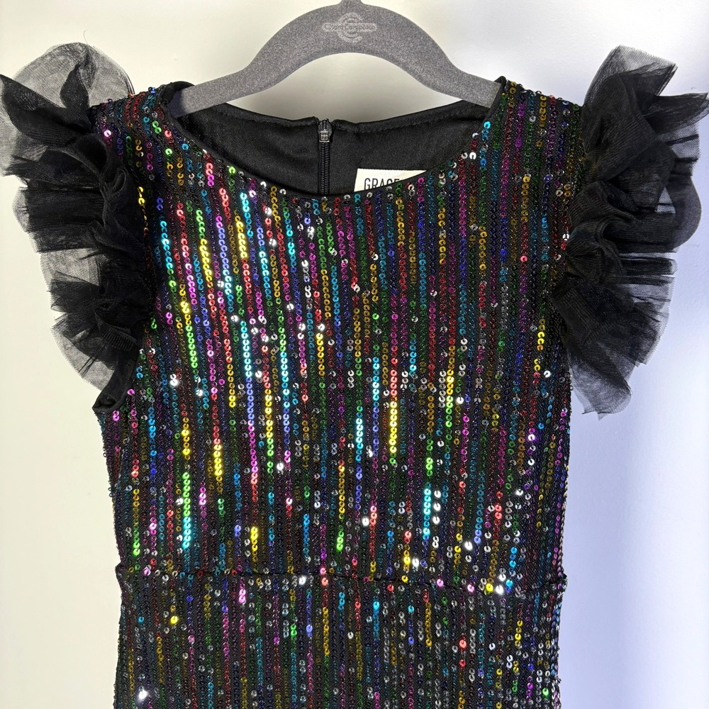 Grace Karin‎ Rainbow Sequins Girls Dress Sz 7 Tulle Ruffles Party Dance